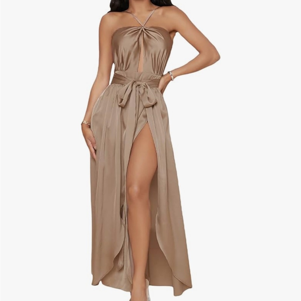 LIKE NEW Women's Satin Silk Halter High Slit Flowy Cocktail Party Slip Dress